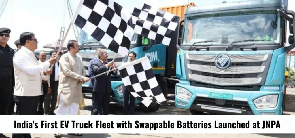this is the image of India's First EV Truck Fleet with Swappable Batteries Launched at JNPA