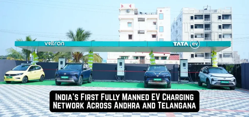 this is the image of TATA EV and Voltran Launch India's First Fully Manned EV Charging Network Across Andhra and Telangana