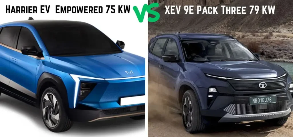 this is the image of Tata Harrier EV Empowered 75 KW vs XEV 9E Pack Three 79 KW