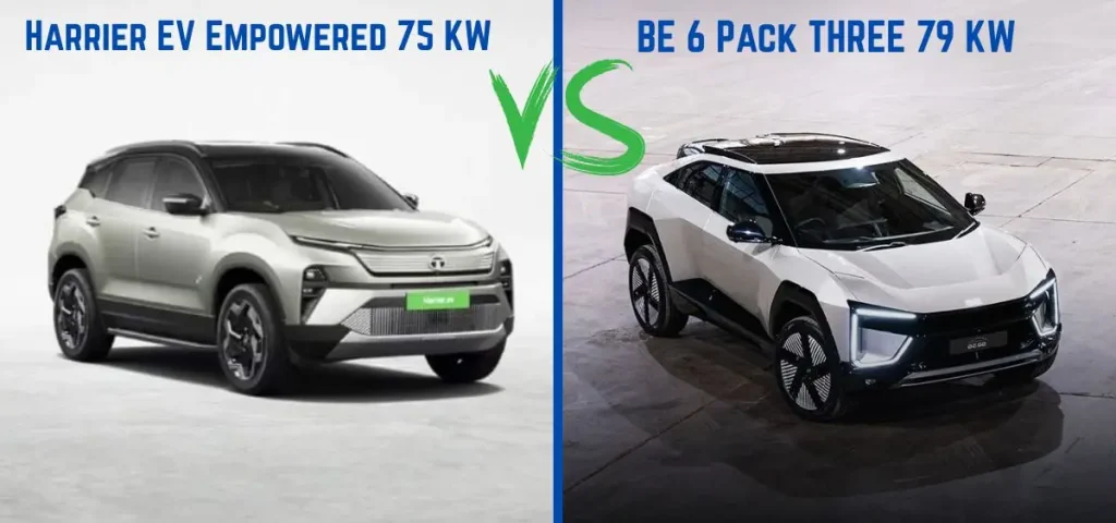 this is the image of Tata Harrier EV Empowered 75 KW vs BE 6 Pack THREE 79 KW