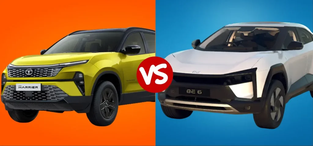 this is the image of Tata Harrier EV Fearless 75 kWh vs Mahindra BE 6 Pack Two 79 kWh
