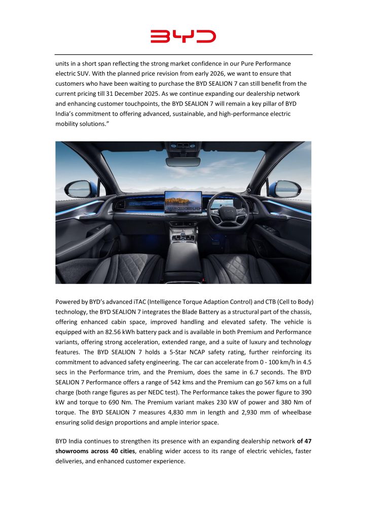 this is the image of BYD India Announces to increase SEALION 7 EV prices in 2026