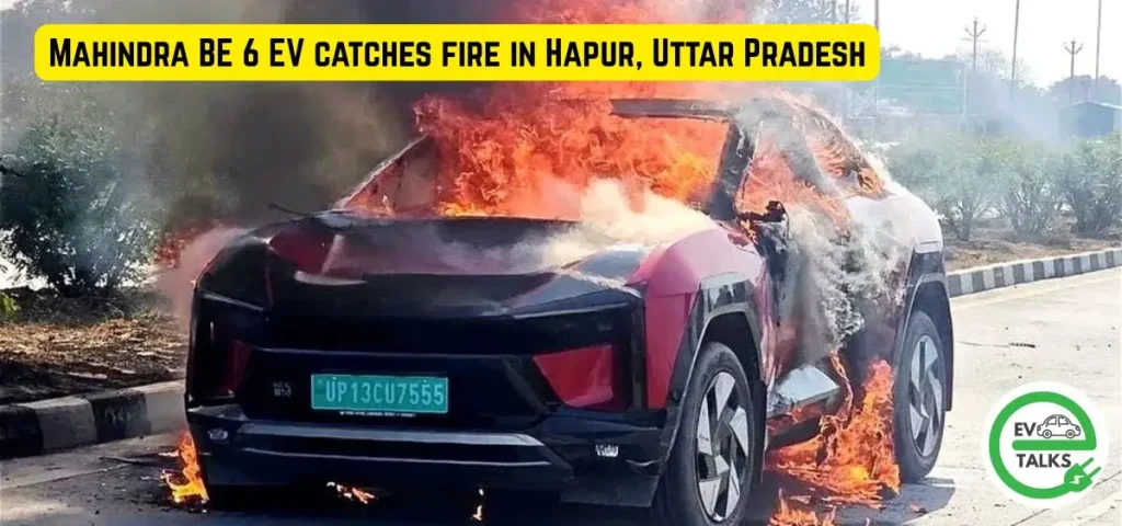 this is the image of Mahindra BE 6 EV catches fire in Hapur, Uttar Pradesh