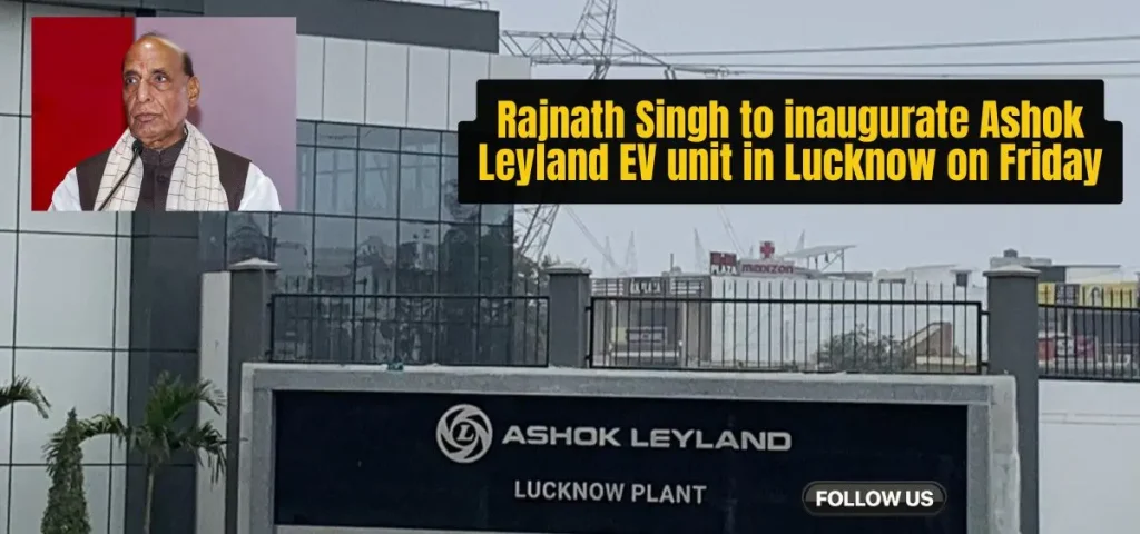 this is the image of Rajnath Singh to inaugurate Ashok Leyland EV unit in Lucknow on Friday