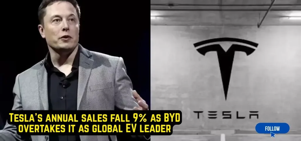 this is the image of Tesla's annual sales fall 9% as BYD overtakes it as global EV leader