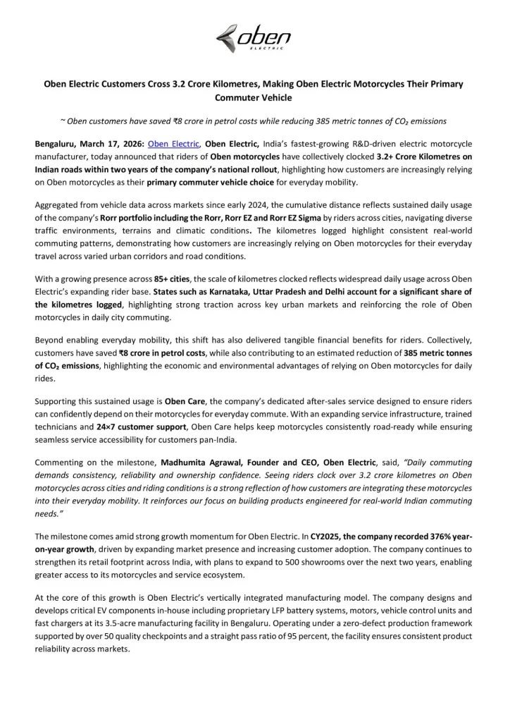 this is the image of Oben Electric Press Release