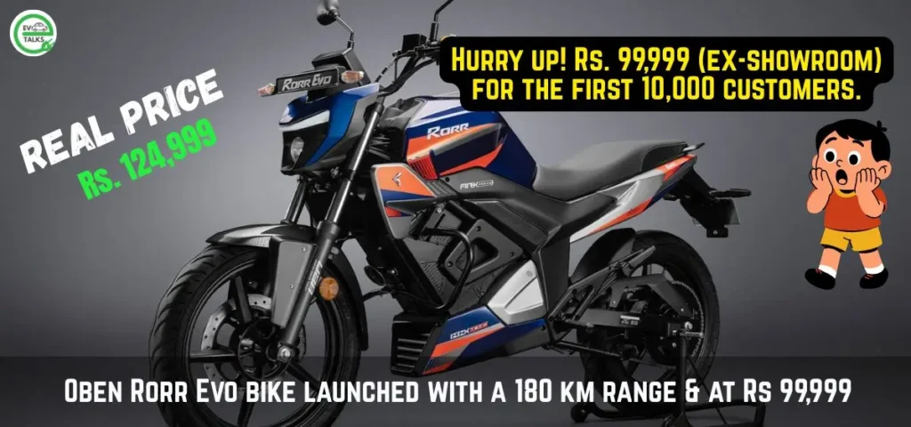 this is the image of Oben Rorr Evo bike launched with a 180 km range & at Rs 99,999