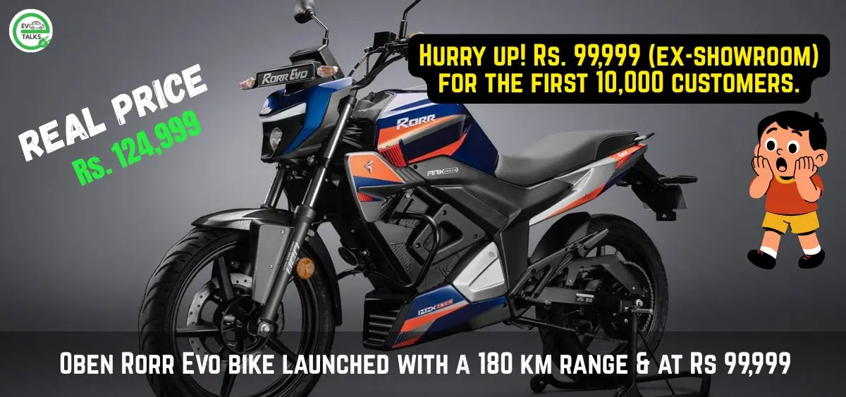 this is the image of Oben Rorr Evo bike launched with a 180 km range & at Rs 99,999