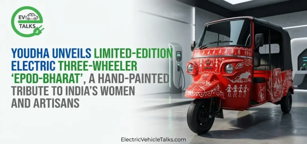 this is the image of Youdha Unveils the EPOD-Bharat electric three-wheeler