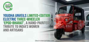 this is the image of Youdha Unveils the EPOD-Bharat electric three-wheeler